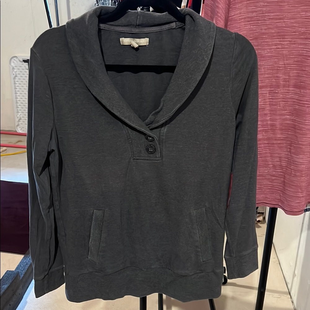 Banana Republic Black Buttoned Sweatshirt with Notched Collar